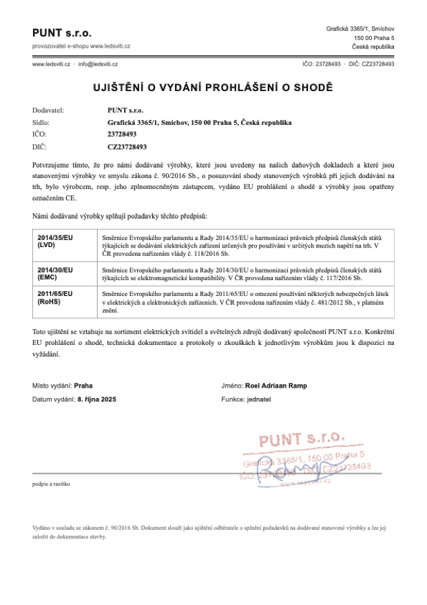 Prohlášení o shodě – PUNT s.r.o.