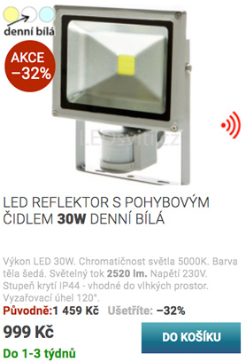 LED reflektor s pohybovým čidlem 30W bílá