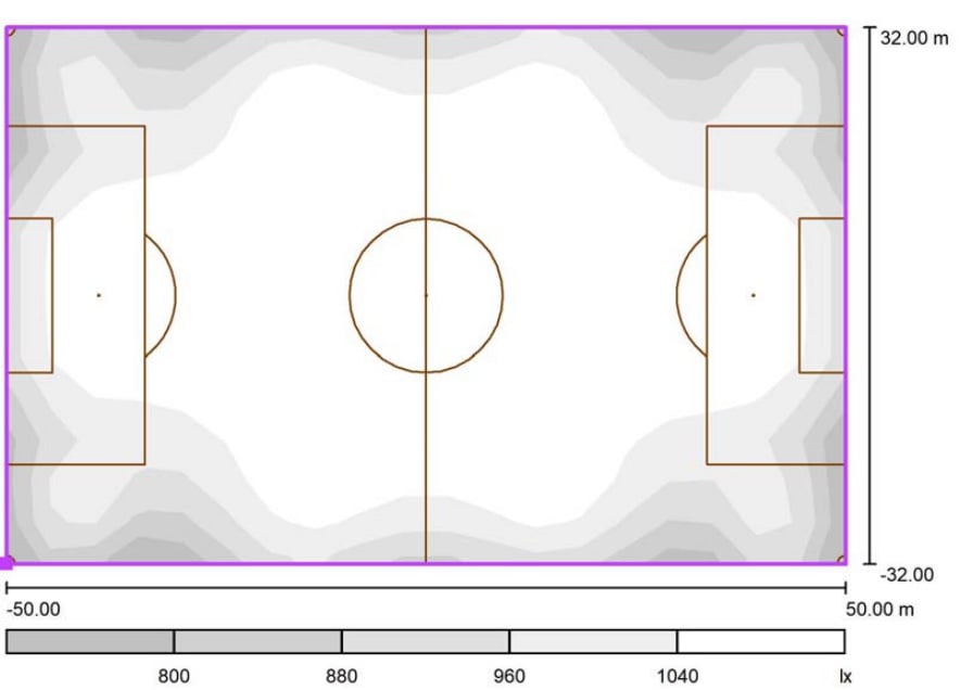 Graustufenplan mit den berechneten Beleuchtungswerten auf dem Spielfeld