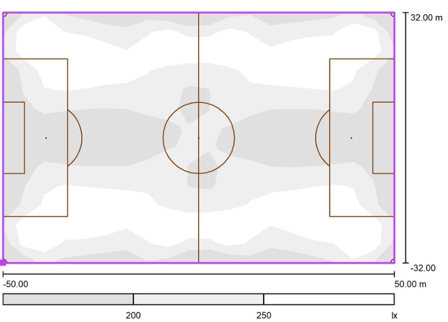 Graustufenplan mit den berechneten Beleuchtungswerten auf dem Spielfeld