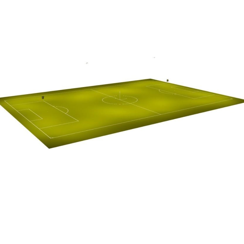 3D-Visualisierung der Fußballplatzbeleuchtung mit sechs Masten
