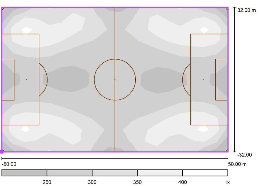 Graustufenplan mit den berechneten Beleuchtungswerten auf dem Spielfeld