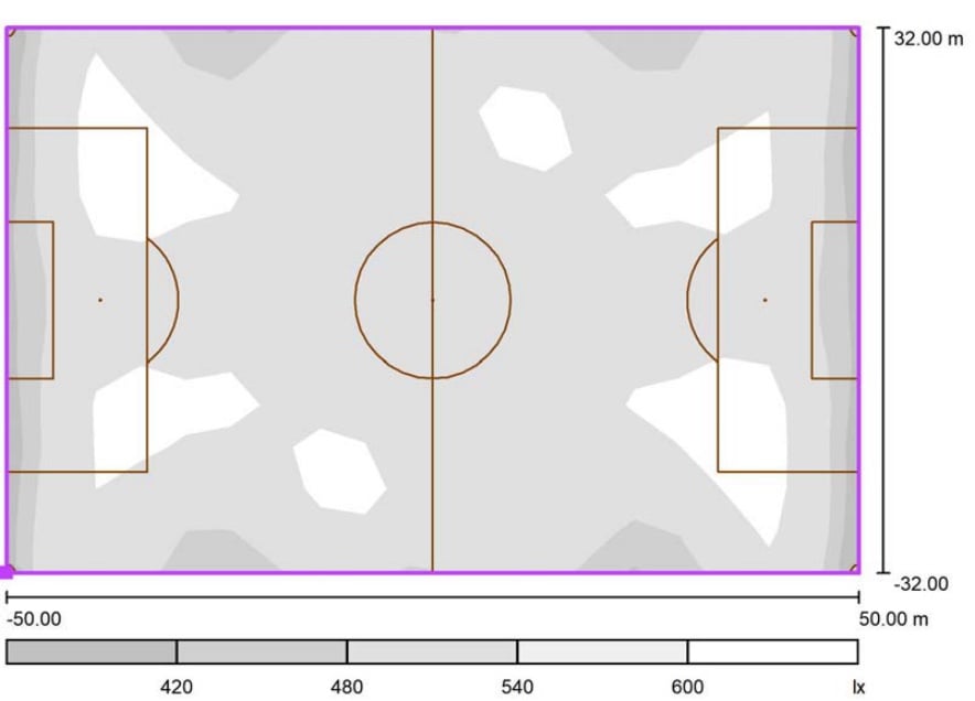 Graustufenplan mit den berechneten Beleuchtungswerten auf dem Spielfeld
