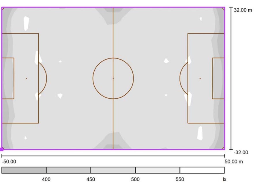 Graustufenplan mit den berechneten Beleuchtungswerten auf dem Spielfeld