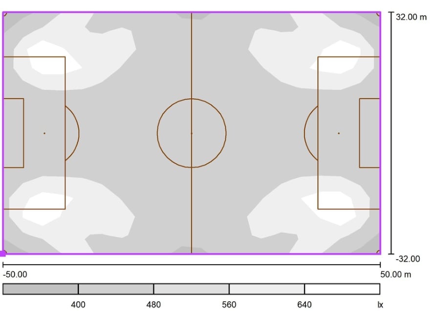 Graustufenplan mit den berechneten Beleuchtungswerten auf dem Spielfeld
