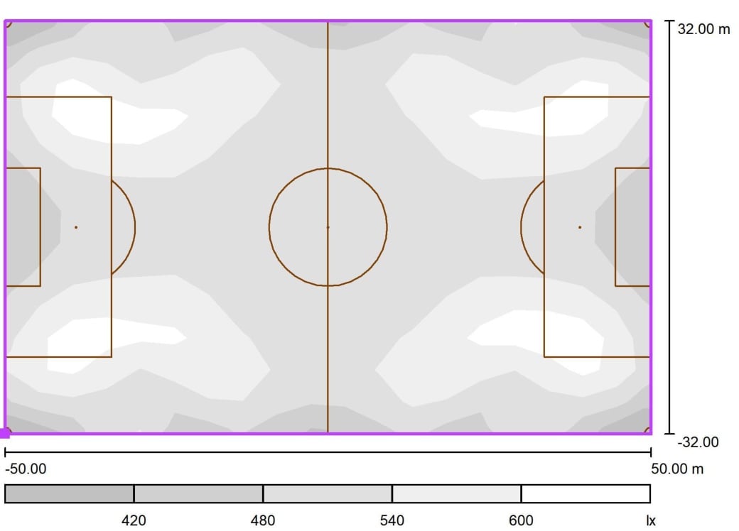 Graustufenplan mit den berechneten Beleuchtungswerten auf dem Spielfeld
