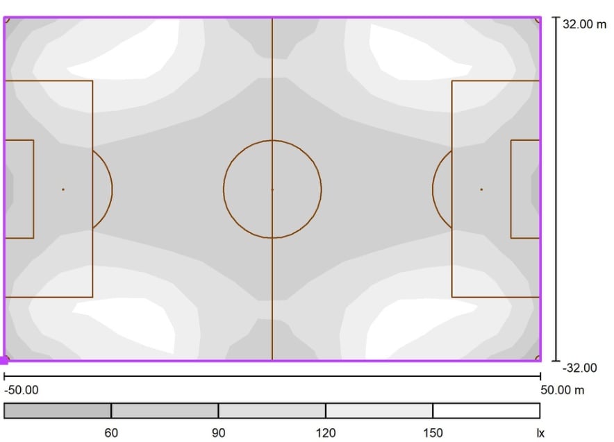 Graustufenplan mit den berechneten Beleuchtungswerten auf dem Spielfeld