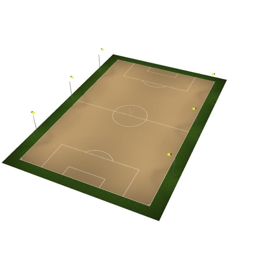 3D-Visualisierung des Fußballplatzes mit sechs Flutlichtmasten