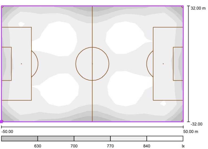 Graustufenplan mit den berechneten Beleuchtungswerten auf dem Spielfeld