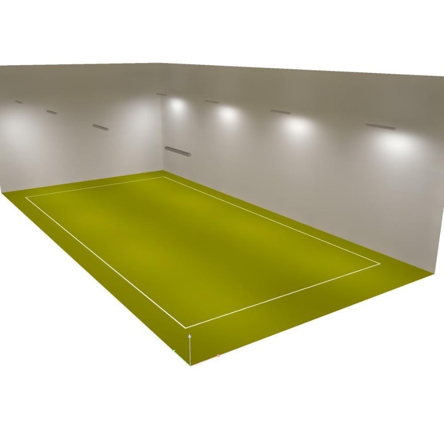 3D-Visualisierung der Halle mit linearen LED-Hallenleuchten