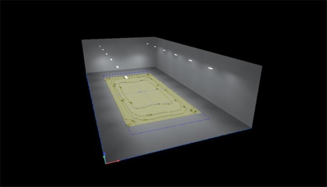 Visualisierung der Beleuchtung eines Tennisplatzes in der Halle