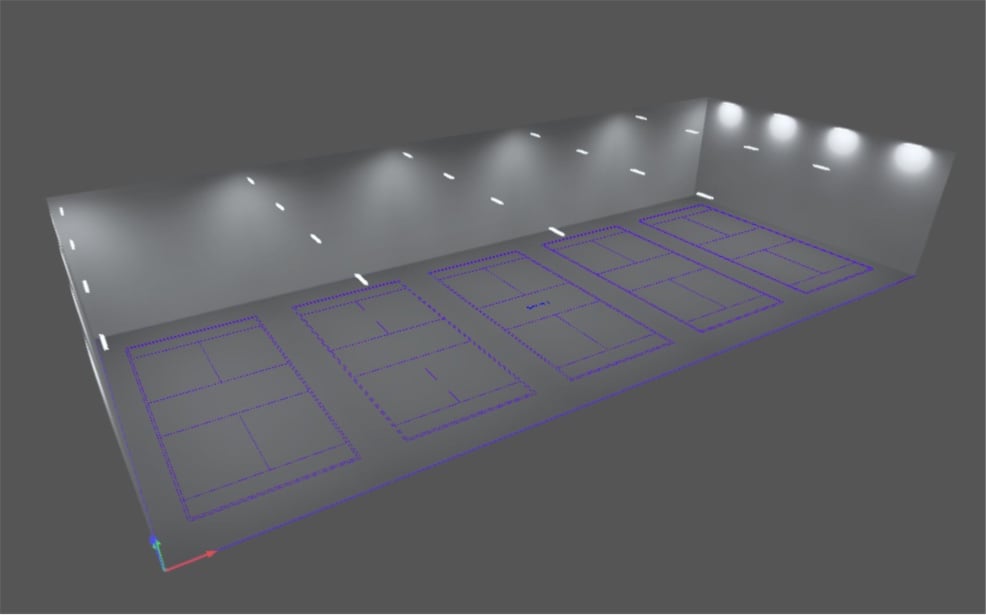 3D-Visualisierung der Tennishalle mit LED-Hallenstrahlern