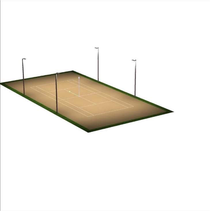 3D-Visualisierung der Tennisplatzbeleuchtung mit 8 Flutlichtstrahlern