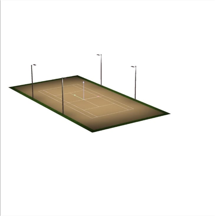 3D-Visualisierung der Tennisplatzbeleuchtung mit 8 Flutlichtstrahlern