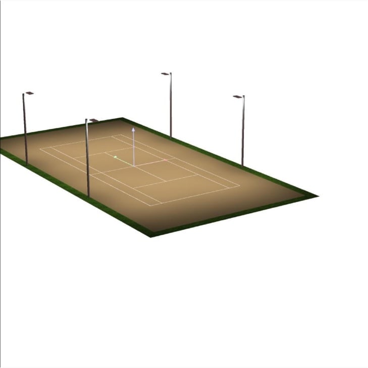 3D-Visualisierung der Tennisplatzbeleuchtung mit LED-Flutlichtstrahlern