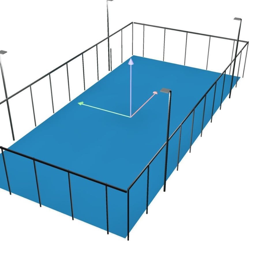 3D-Visualisierung des umzäunten Padel-Courts mit den Flutlichtmasten