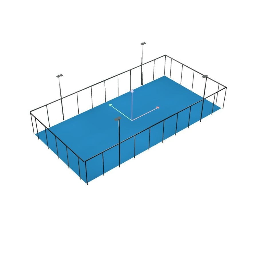 3D-Visualisierung des Padel-Courts mit den vier Flutlichtmasten