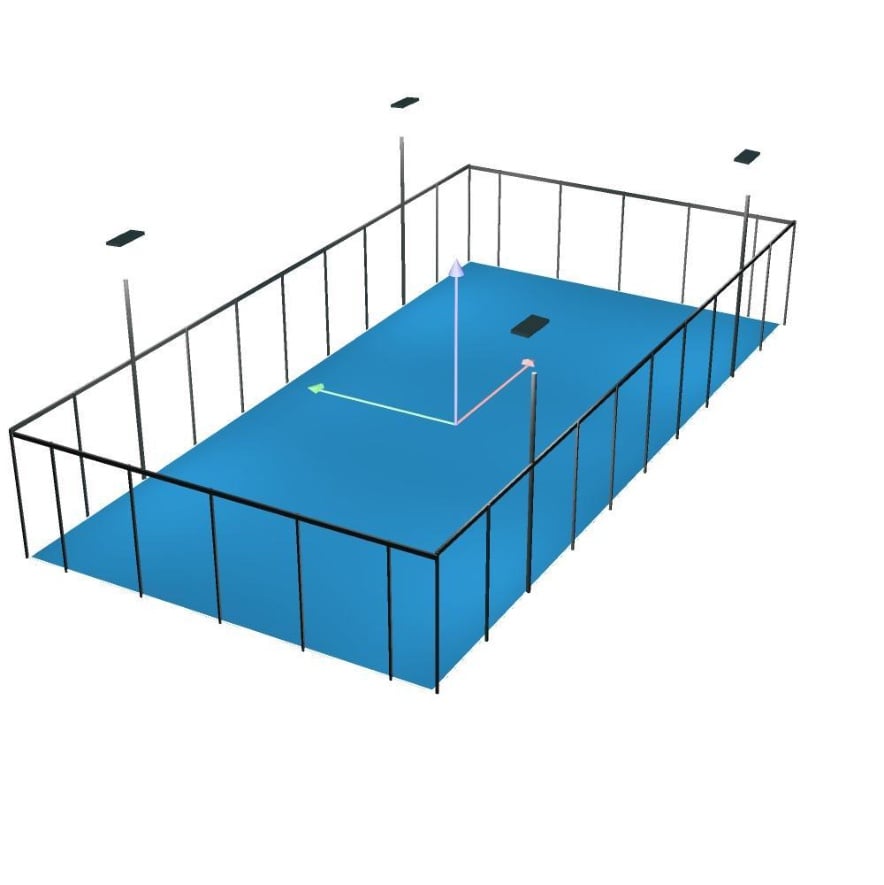 3D-Visualisierung des Padel-Courts mit Flutlicht an vier Masten