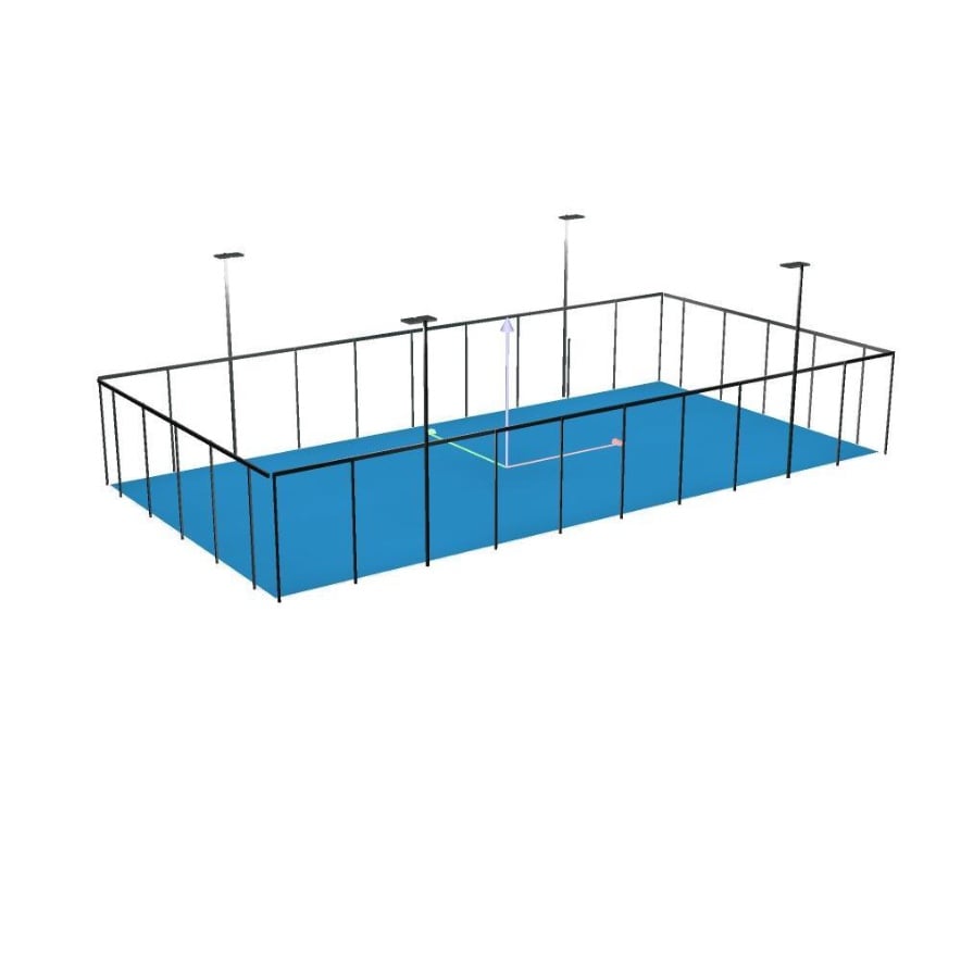 3D-Visualisierung des Padel-Courts mit den vier Flutlichtmasten