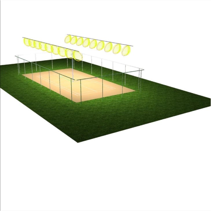 3D-Visualisierung des Pickleball-Courts mit den abgehängten Linearleuchten
