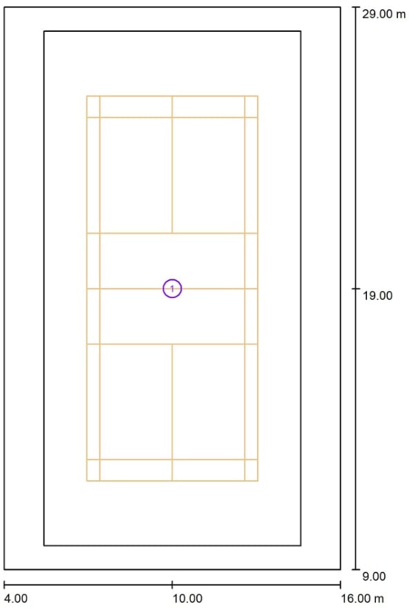 Grundriss mit der Anordnung der 22 LED-Linearleuchten am Pickleball-Court