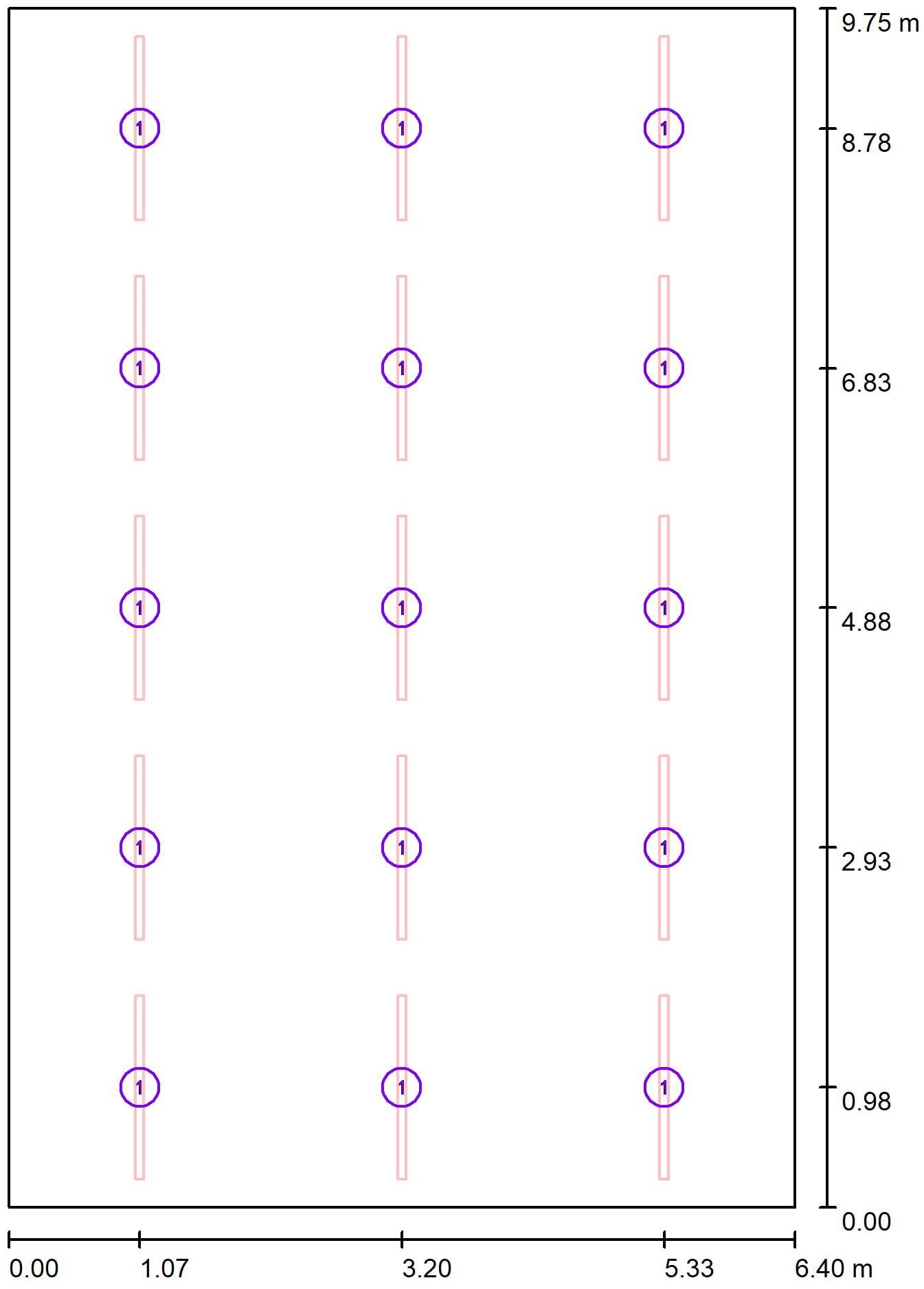 Lageplan der fünfzehn Linearleuchten an der Decke des Squashcourts