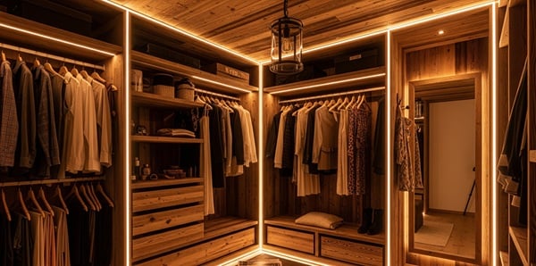Begehbarer Kleiderschrank mit neutralweißer LED-Beleuchtung