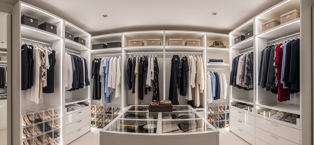 Ankleidezimmer mit beleuchteten Schränken und Regalen