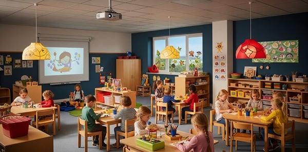 Gruppenraum einer Kita mit warmweißem Licht