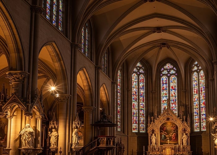 Kircheninnenraum mit Akzentbeleuchtung