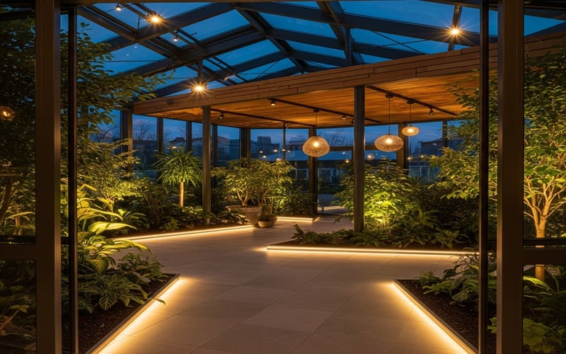Wintergarten mit Pflanzen und LED-Beleuchtung