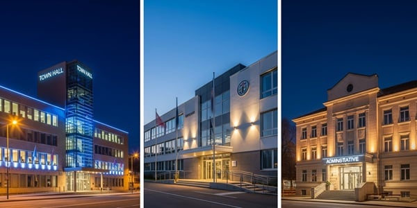 Verwaltungsgebäude mit beleuchteter Fassade und Vorplatz