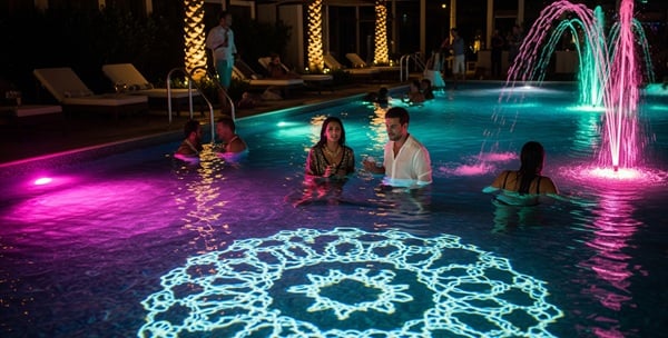 Schwimmbecken mit farbiger LED-Effektbeleuchtung