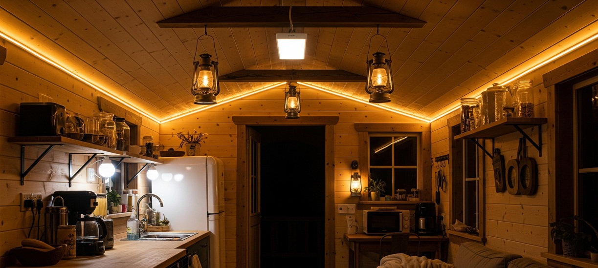 Hütte ohne Stromanschluss mit warmem LED-Licht