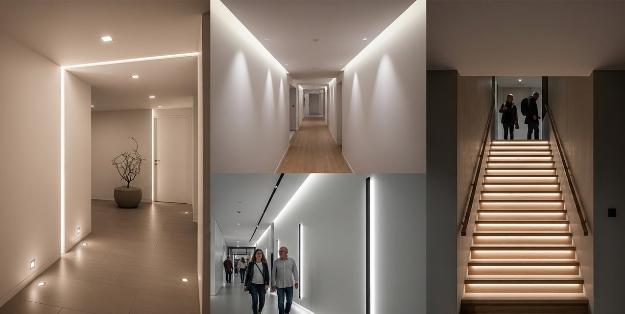 Beleuchteter Flur in einem Wohnhaus