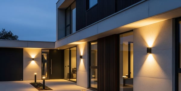 Gestaltete Außenbeleuchtung an einem Wohnhaus