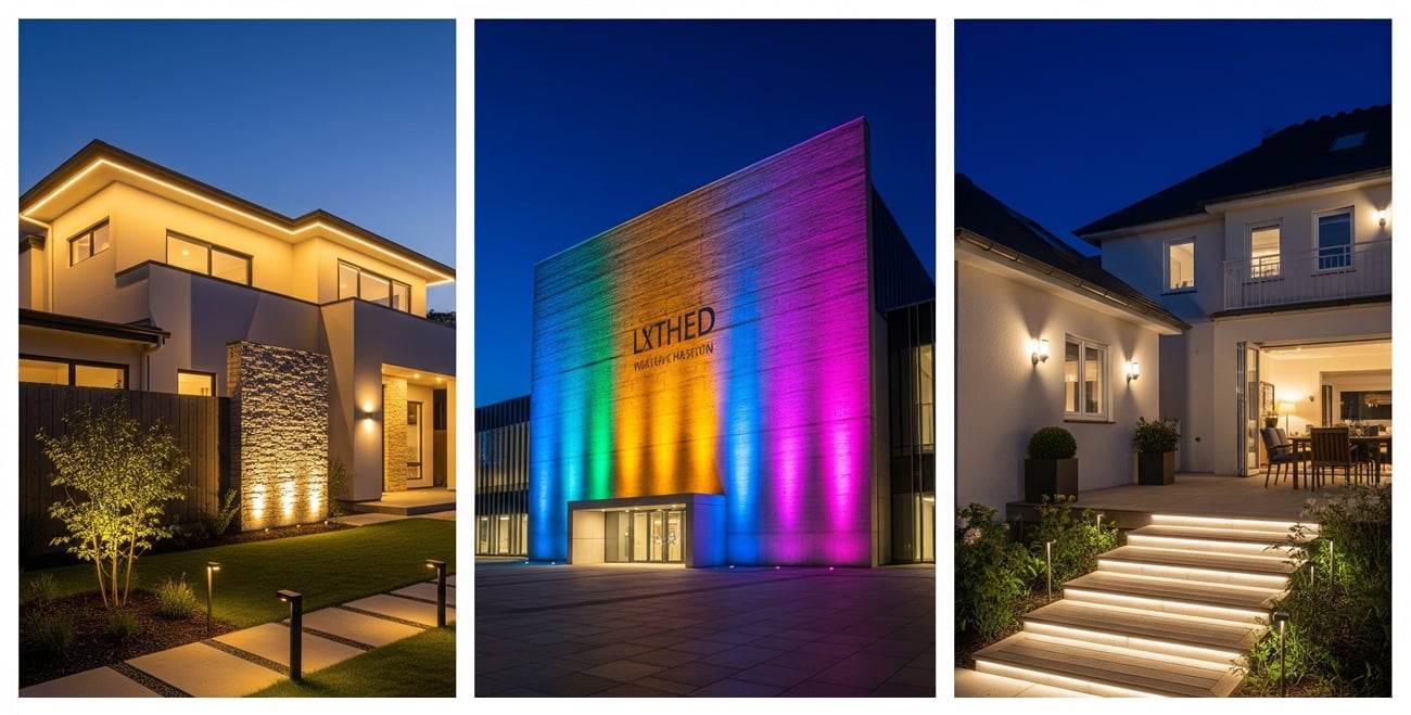 Nachts beleuchtete Hausfassade mit LED