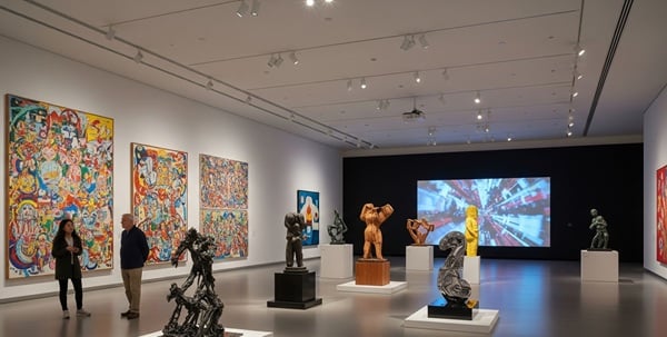 Galerieraum mit ausgeleuchteten Kunstwerken