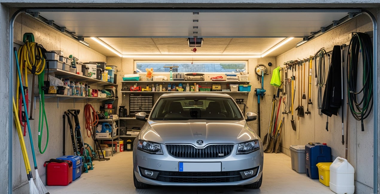 Hell ausgeleuchtete Garage mit LED-Deckenbeleuchtung