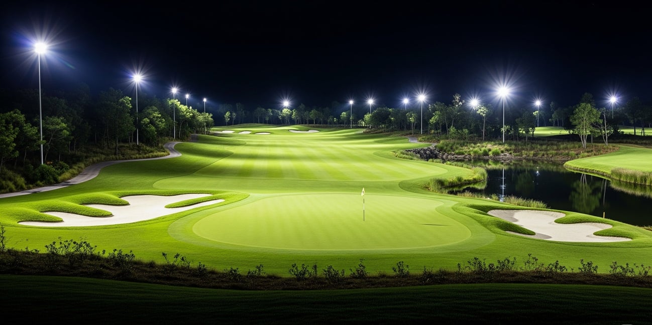 Golfplatz mit LED-Flutlicht am Abend