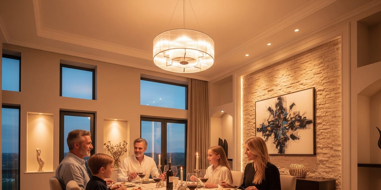 Esszimmer mit Pendelleuchten über dem Esstisch