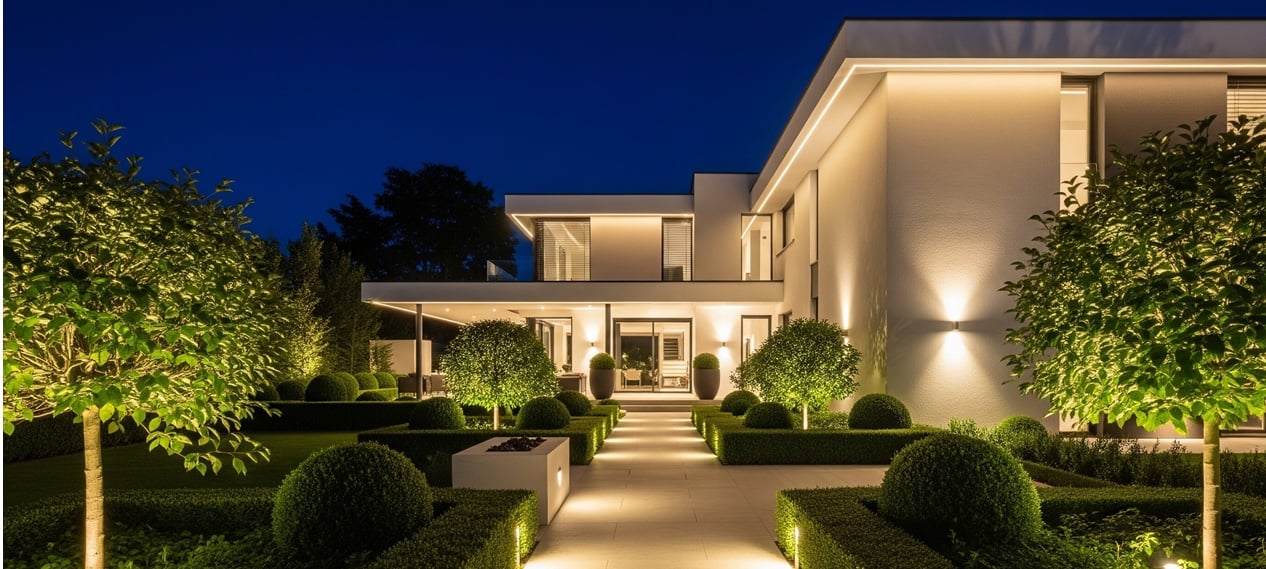 Haus und Garten mit LED-Außenbeleuchtung am Abend