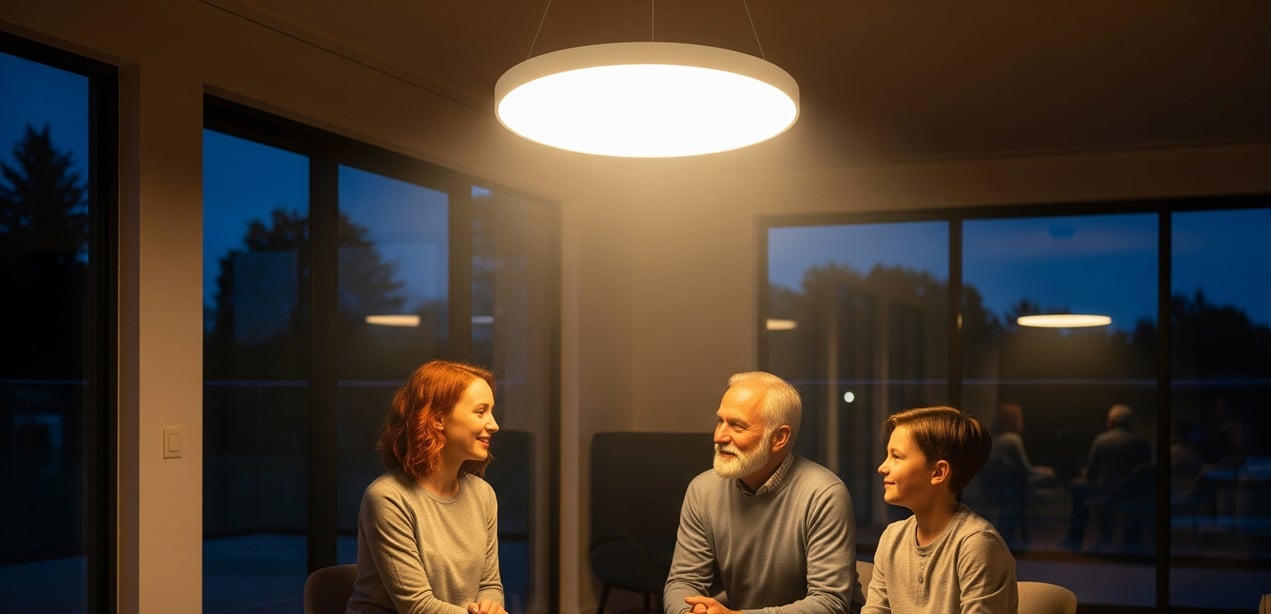 LED-Pendelleuchten über einem Esstisch