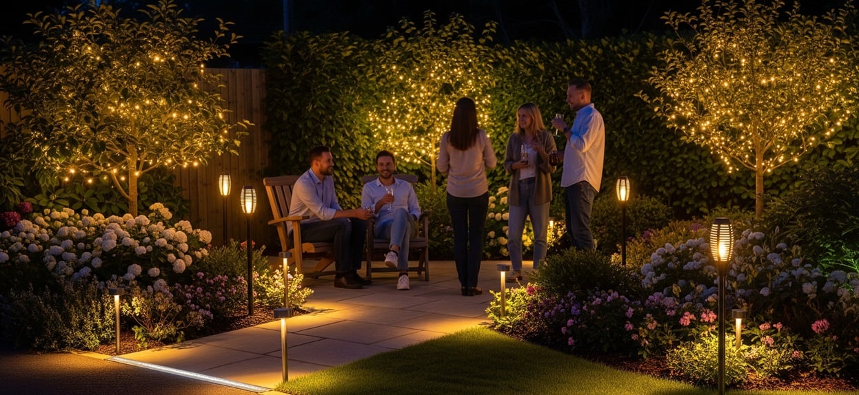 Abendlich beleuchteter Garten mit LED-Leuchten (Symbolbild)
