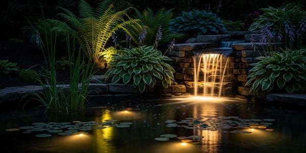 Beleuchteter Gartenteich am Abend