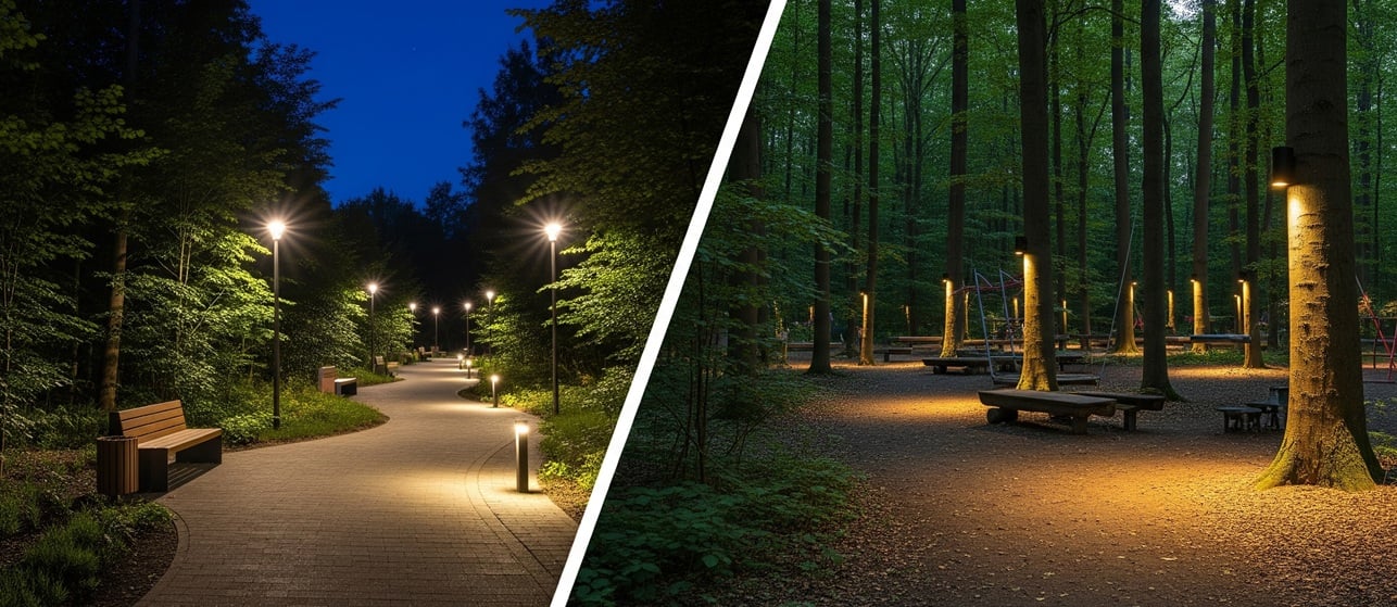 Waldpark mit beleuchtetem Weg