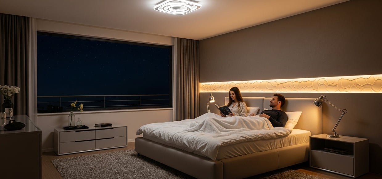 Schlafzimmer mit warmweißer LED-Beleuchtung