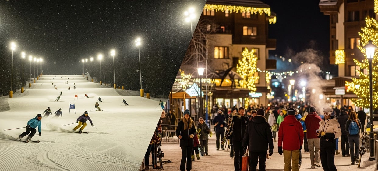 Beleuchtete Skipiste bei Nacht