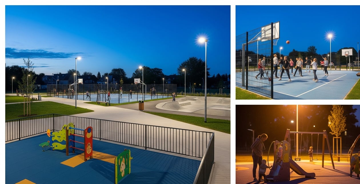Multifunktionsspielfeld mit LED-Flutlicht am Abend