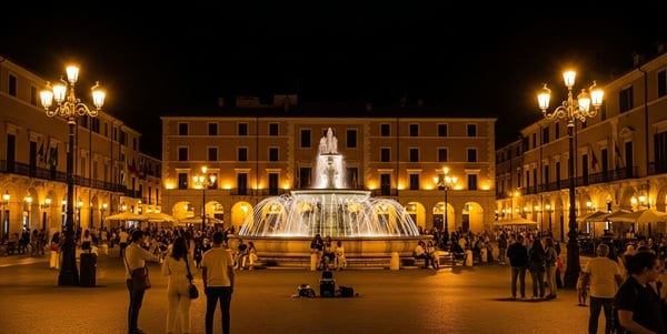 Beleuchteter Marktplatz am Abend